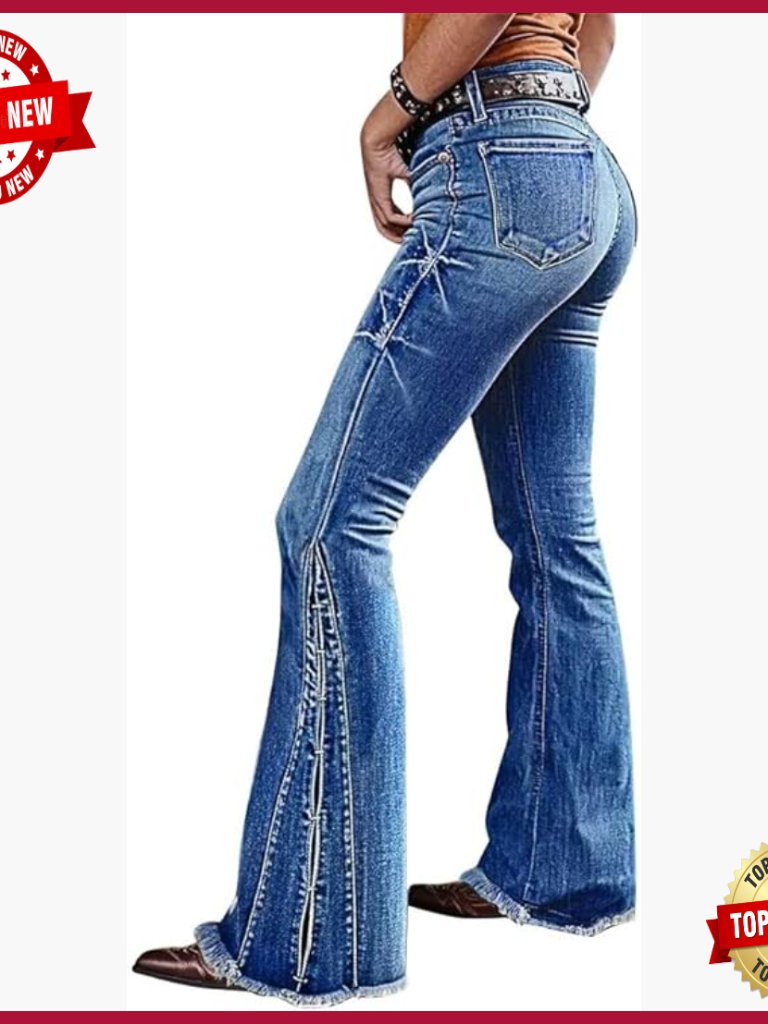 Mid Waist Flare Leg Jeans With Raw Hem Stitch Detail Tummy Control